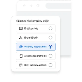 Kampánycél választására szolgáló digitális felület a következő opciókkal: „Értékesítések”, „Potenciális ügyfelek”, „Webhelymegtekintések” (ez van kijelölve), „Alkalmazáspromóció” és „Helyi bolti látogatások”. A felület egy böngésző felett megjelenő ablakban látható.