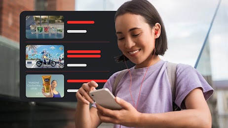 A Southeast Asian woman in a purple t-shirt watches videos on her phone with earphones on, as three successful video marketing campaigns of YouTube Works Awards 2025 winners Dutchie, Honda, and Vaselin pop up beside her