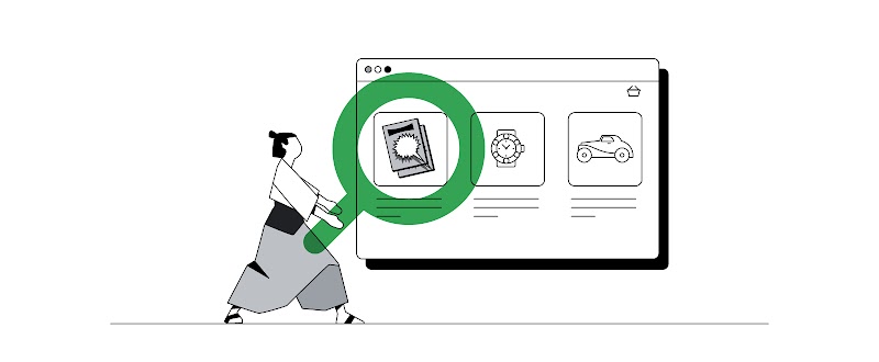 A samurai is holding a life-size, green magnifying glass with both hands. To the right, a large internet browser with three products: a comic book, a watch and a car. The magnifying glass is over the comic book icon.