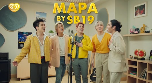 The video thumbnail shows the members of the P-Pop group SB19, likely holding or near Selecta ice cream products, for their 'MAPA' music video collaboration.