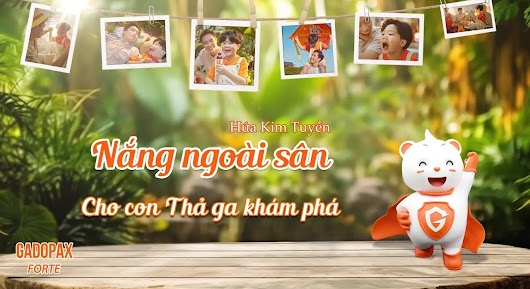 The video thumbnail shows a father and his young son, likely from a Vietnamese commercial, smiling happily in a bright, sunny outdoor setting, promoting Gadopax Forte for children's health.