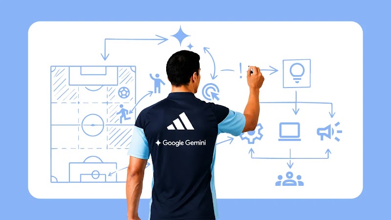 Un hombre de cabello oscuro dibuja tácticas y esquemas sobre una pizarra digital interactiva que muestra una cancha de fútbol, usando una camiseta que dice Google Gemini.