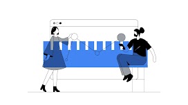 Two people in front of a life-sized internet browser. On the left, a woman stands, grabbing a data point of a line graph on the screen. On the right, a man sits on a stool, using his mobile device. A blue ruler overlays the image.