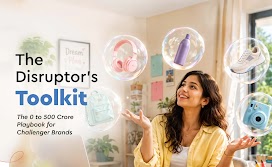 The Disruptor’s Toolkit: The 0 to 500 Crore Playbook for Challenger Brands. A woman gestures beneath floating consumer products, representing a growth playbook to help challenger retail brands in India increase revenue.