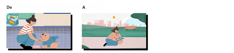 Guion gráfico con dos cuadros para el anuncio de Fishos. En el primero, una persona dándole un Fishos a su perro. En el segundo, el cuadro partido en dos: a la izquierda, la persona sorprendida; a la derecha, el perro sonriente.