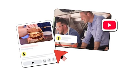 L'immagine mostra un fermo immagine di un video di YouTube di Sorted Food di un grande hamburger. A destra c'è un'immagine di Jamie Spafford, co-fondatore di Sorted Food, e del principe William dentro un furgone per la distribuzione di hamburger. Sopra le foto ci sono le icone del pulsante di riproduzione di YouTube e una freccia rossa. 