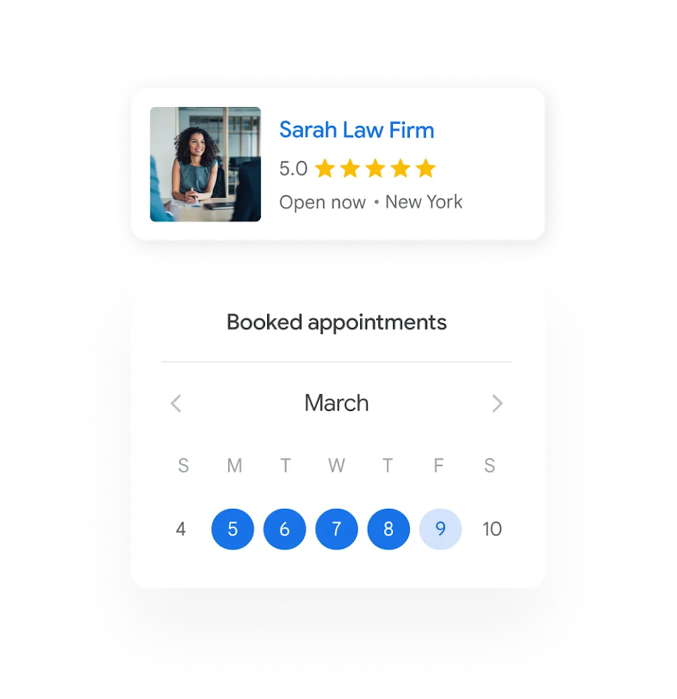 An array of UI showing a law firm ad and a calendar showing booked appointments.