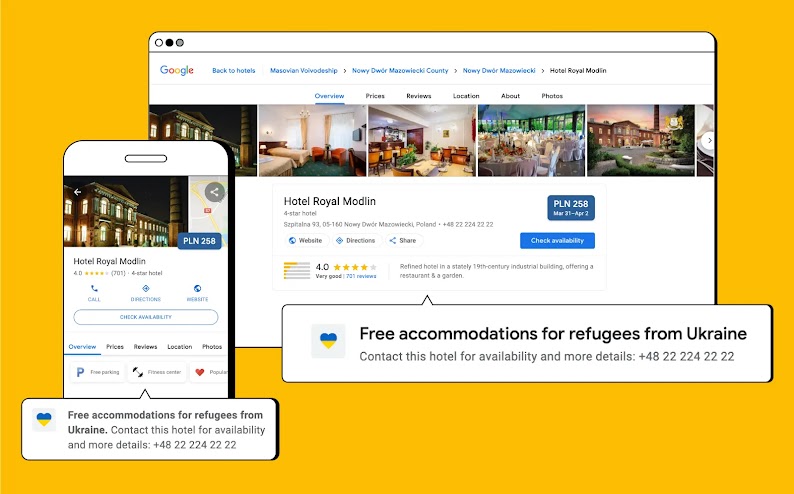A screenshot showing a hotel’s Google Business Profile. The hotel indicates in the profile that they offer free accommodation to Ukrainian refugees.