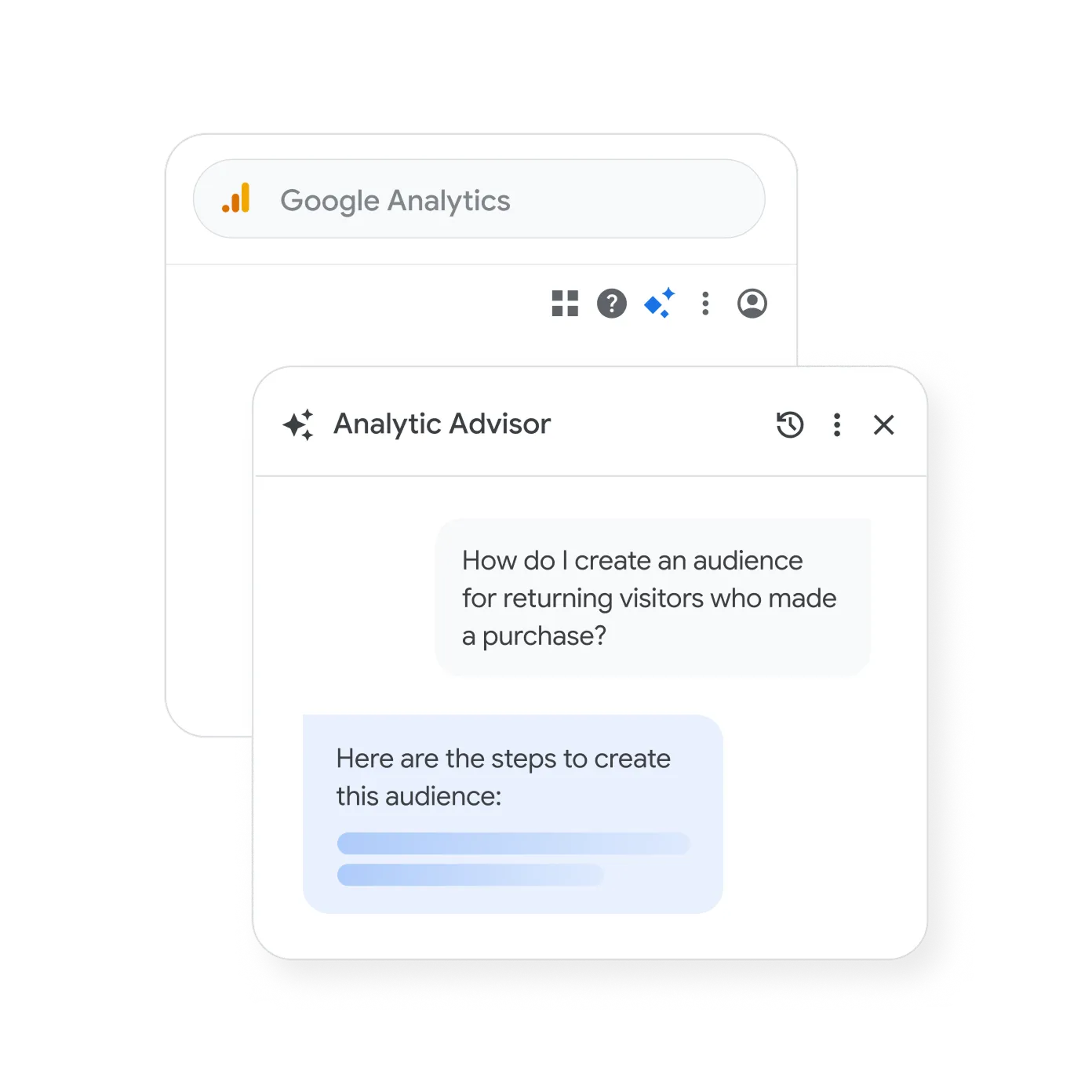 Sample conversation with Analytics Advisor with the question, “How do I create an audience for returning visitors who made a purchase?”