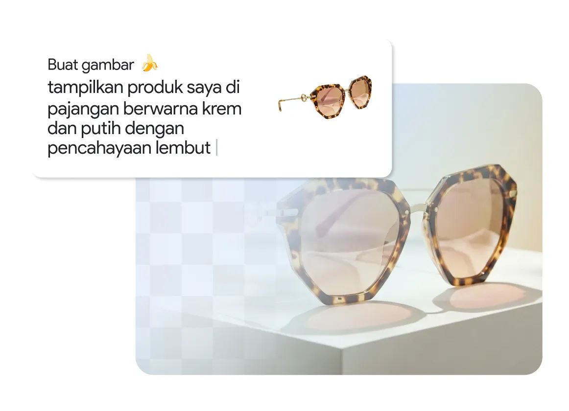 Screenshot yang menampilkan perintah pembuatan gambar AI bertuliskan “tampilkan produk saya di pajangan berwarna krem dan putih dengan pencahayaan lembut”, beserta foto produk kacamata hitam bercorak tempurung kura-kura yang ditampilkan di atas pedestal putih minimalis dengan latar belakang krem dan pencahayaan lembut.