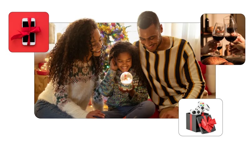 Imagem de mulher, homem e criança comemorando o Natal juntos; em volta do retrato, imagens que remetem à celebração, como presentes e brinde durante a ceia.