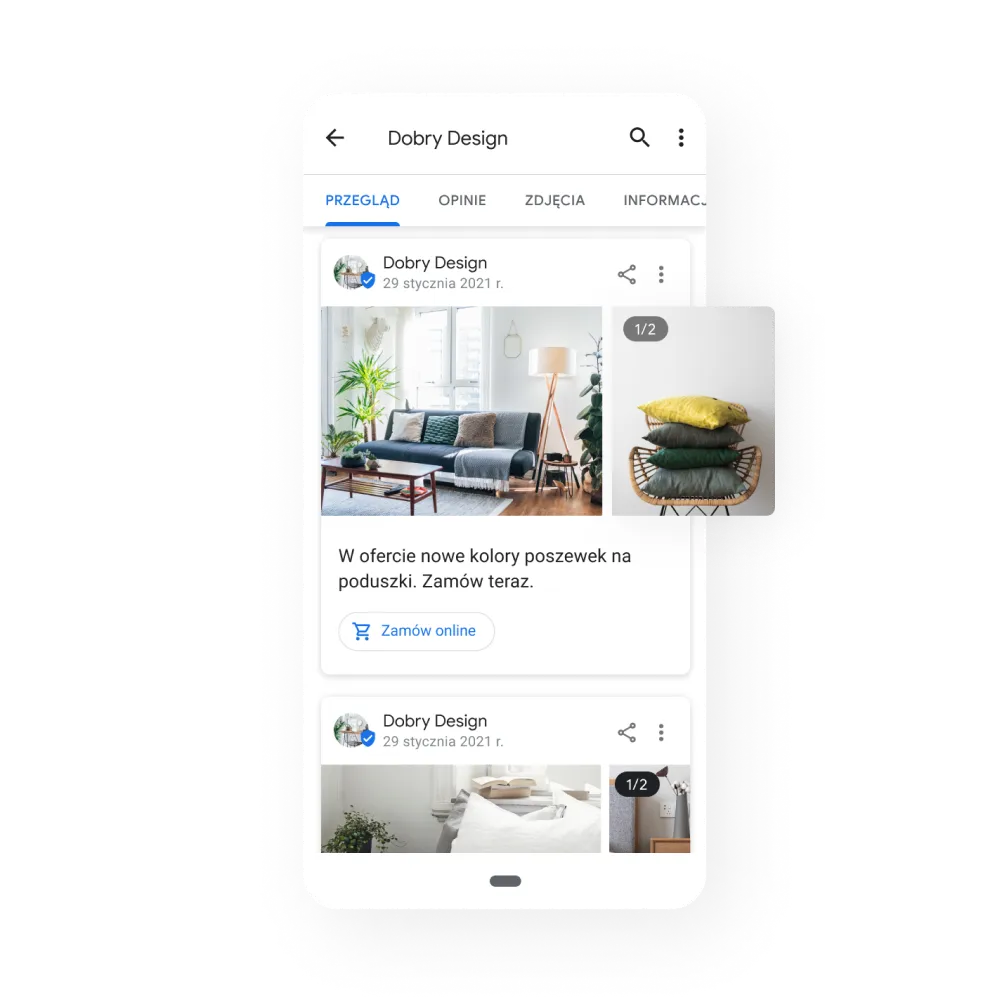 Obraz profilu firmy z wpisem promującym oferty specjalne, wydarzenia i nowości. We wpisie zdjęcie poduszek na krześle w salonie oraz tekst: „W ofercie nowe kolory poszewek na poduszki.  Zamów teraz.