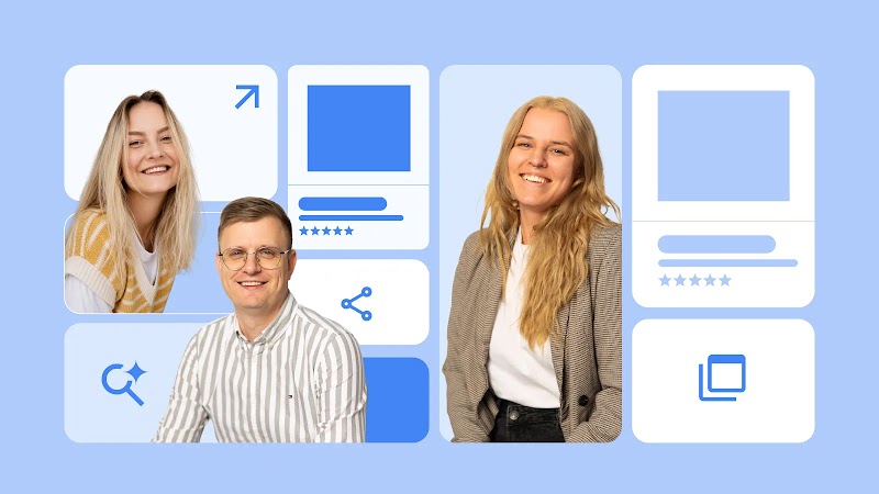 An graphic collage set against a light blue background, featuring three smiling people layered among digital interface elements. On the left, a blonde woman in a yellow vest and a man with glasses wearing a striped shirt are positioned near icons for an arrow, a search magnifying glass, and a share symbol. On the right, a blonde woman wearing a grey blazer stands next to interface cards displaying generic image placeholders, text lines, and five-star rating layouts.