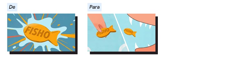 O biscoito Fisho em destaque num fundo colorido deve ser substituído por uma cena em detalhe, na qual uma mão segura um biscoito Fisho e uma boca com dentes afiados está prestes a comer o biscoito.
