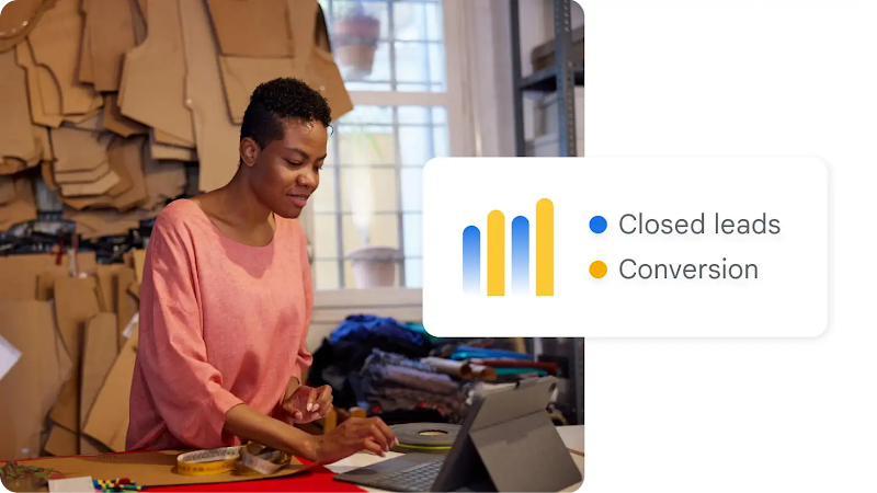 A woman uses a tablet, surrounded by a bar chart