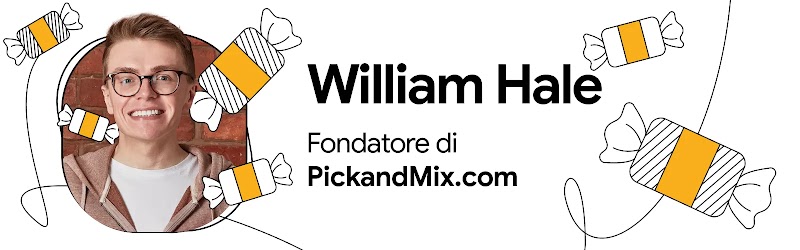 William Hale, fondatore di PickandMix.com, con illustrazioni di dolciumi incartati