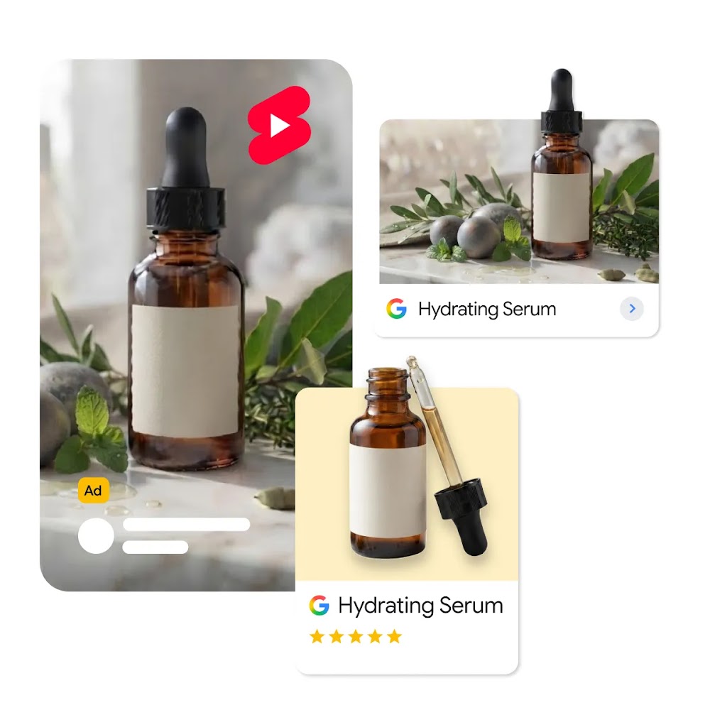 A collection of ad formats displaying an amber glass dropper bottle with a blank label, labeled "Hydrating Serum" with Google logos and ratings.