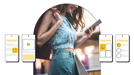 A smiling woman carrying shopping bags looks at her smartphone, framed by an arch. Surrounding her are four mobile UI mockups showing search, video, shopping cart, and email icons, illustrating a seamless omnichannel consumer journey.