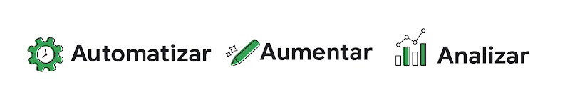 Un engranaje con agujas de reloj dentro, al lado de la palabra 'Automatizar'. Un lápiz, al lado de la palabra 'Aumentar'. Un gráfico de barras y de línea, al lado de la palabra 'Analizar'".