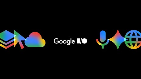 Google I/O appears in white text on a black background, flanked on both sides with rainbow gradient icons of Google products like Cloud and Gemini.