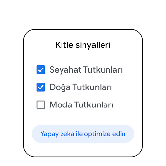 Üstte Hedef Kitle Sinyalleri olan kart, ardından 3 onay kutusu öğesi: Seyahat Tutkunları, Doğa Tutkunları ve Moda Tutkunları. Seyahat Tutkunları ve Doğa Tutkunları işaretli değil. Alttaki harekete geçirici mesaj ise 'Yapay zeka ile optimize edin.