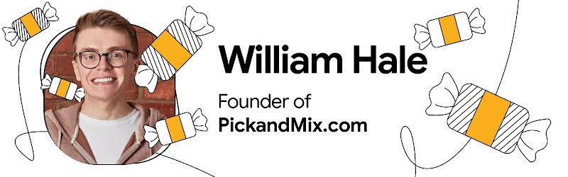 William Hale, founder of PickandMix.com, with illustrations of sweets in wrappers