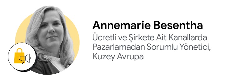 Pandora'da Kuzey Avrupa için ücretli ve şirkete ait kanallarda pazarlamadan sorumlu yönetici olarak görev yapan Annemarie Besentha'nın siyah beyaz fotoğrafıyla birlikte alışveriş çantası ve megafon simgeleri gösteriliyor.