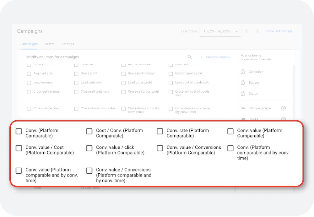 Google Ads metrics interface showing several platform comparable conversion columns available for selection.
