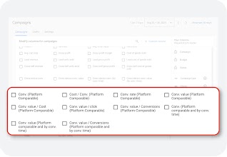 Interfaccia delle metriche di Google Ads che mostra diverse colonne di conversione confrontabili con altre piattaforme disponibili per la selezione.