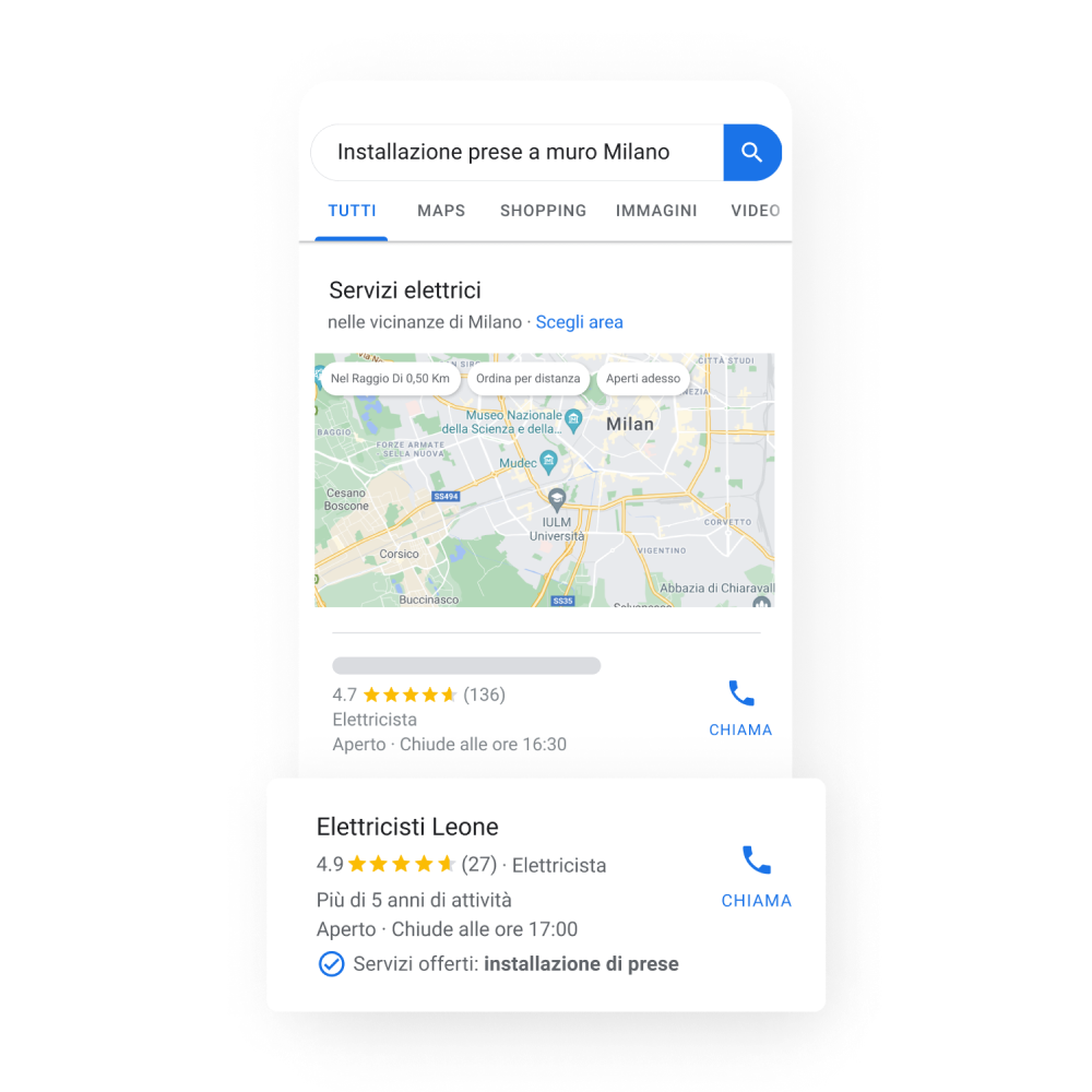 Immagine del profilo di un'attività di servizi in una ricerca Google con una mappa sotto la quale sono visualizzate alcune credenziali dell'attività, ad esempio recensioni a stelle e anni di esperienza