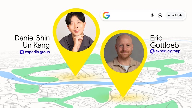 Daniel Shin Un Kang and Eric Gottloeb of Expedia appear in Google Maps-style location pins on a map with gray streets, a blue river, and green parks highlighted. A Google Search bar appears top right. 
