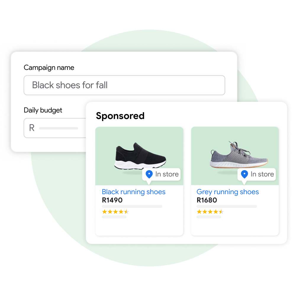 Two user interface modules: One demonstrating a user creating a name and budget for a new campaign in Performance Max and the other displays the customer experience of seeing sponsored product listings on Google Search as a result of that campaign.