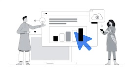 A man holds a lightbulb & a woman uses her phone linked to browsers with a coin in a cloud & an upward trending bar chart, representing the growing internet economy in India & marketing strategies to build business agility & customer relationships.