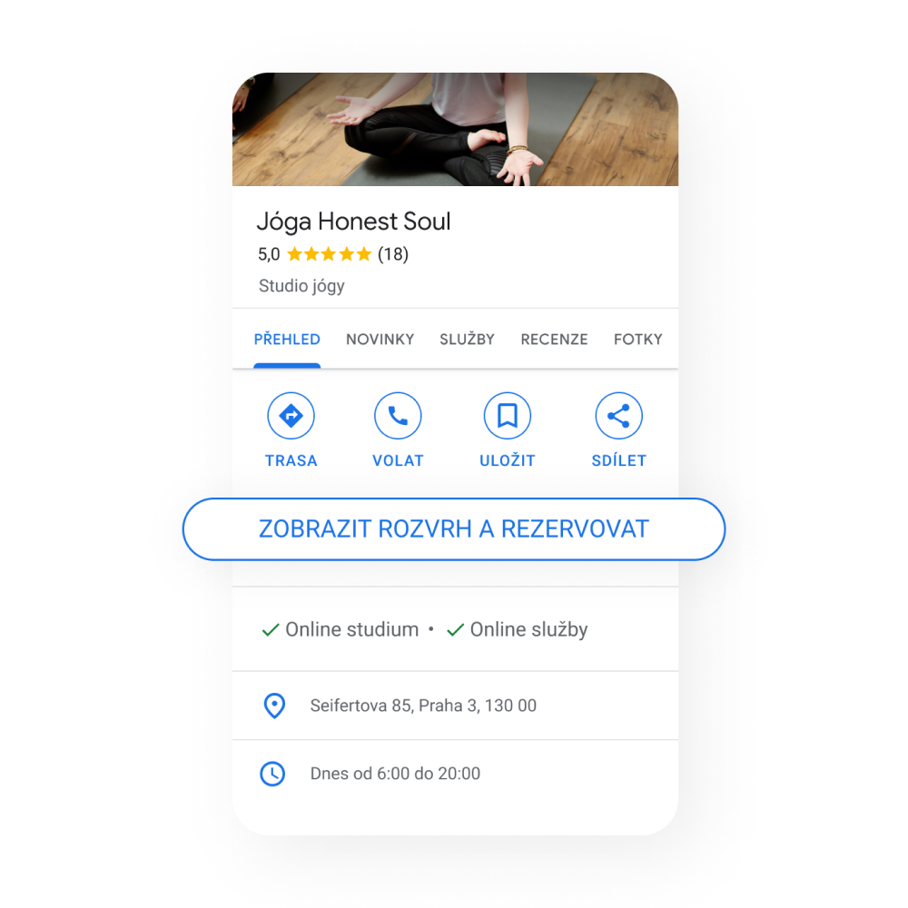 Obrázek profilu firmy poskytující služby s tlačítkem Zobrazit rozvrh a rezervovat