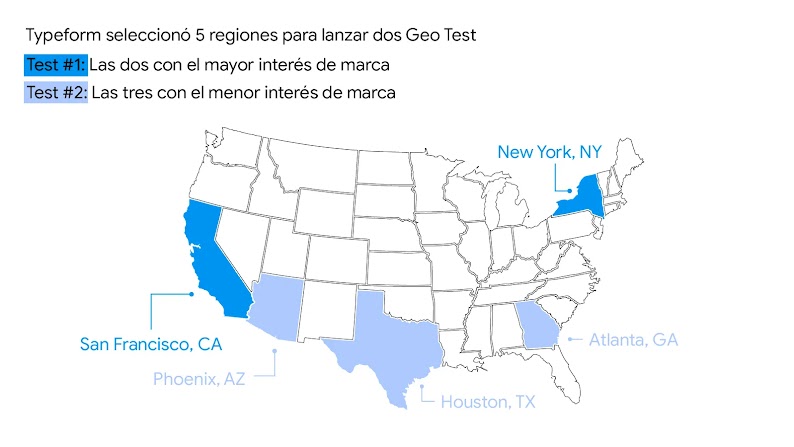 Mapa de Estados Unidos, con las regiones de New York y San Francisco marcadas como las que tienen mayor interés de marca, y Phoenix, Houston y Atlanta marcadas como las que tienen menor interés de marca.