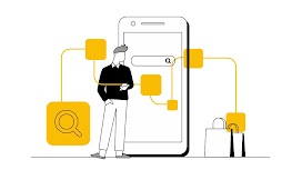 Un hombre de sweater negro tiene un móvil en la mano. Detrás, la imagen de un móvil grande y unos cuadrados amarillos que se conectan entre sí.