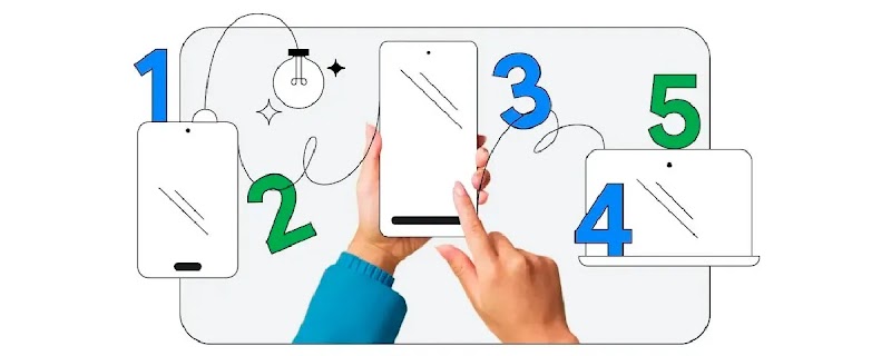 Dos manos sostienen un dispositivo móvil ilustrado, con una tableta y una computadora portátil dibujadas a cada lado. Números verdes y azules se encuentran dispersos por toda la imagen, con una bombilla ilustrada y un icono de diamante de Gemini en la esquina superior izquierda.