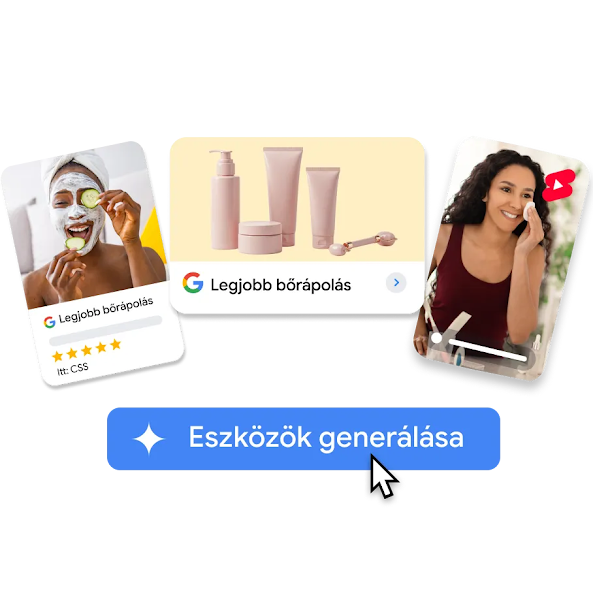 Három kép fehér háttér előtt elrendezve. A képek nyaralási ajánlatokhoz kapcsolódnak. A bal oldali kép egy strandról készült légi felvétel, amelyen napozóágyak láthatók, mellettük az „Olcsó nyaralási ajánlatok” felirat és négycsillagos értékelés. A középső képen két mosolygó ember szerepel egy medencében egy sárga gumimatracon, mellettük az „Olcsó nyaralási ajánlatok” felirat, egy Google-embléma és egy jobbra mutató nyíl. A jobb oldali kép egy videóképkocka, amelyen két mosolygó ember látható egy kék mozaikos medencében. A képen ezen kívül a YouTube Shorts ikonja és egy fehér folyamatjelző sáv is szerepel. A képek alatt egy kék gomb van, amelyen egy fehér csillag ikon és az „Eszközök létrehozása" felirat látszik. Egy fehér kurzorikon pedig a gombra mutat.