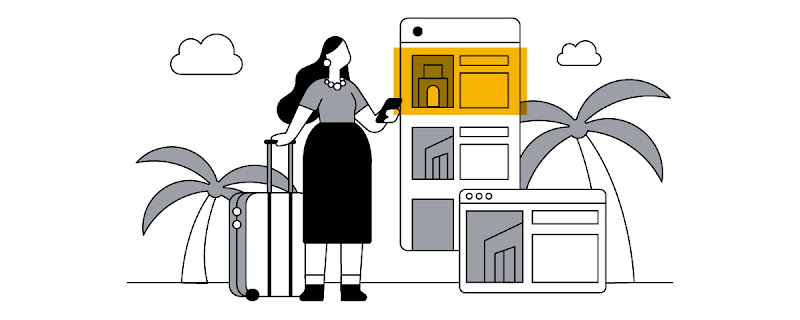 Una mujer de pelo largo y negro con una maleta y un teléfono móvil mira anuncios de reserva de hoteles en un paisaje paradisíaco con palmeras.