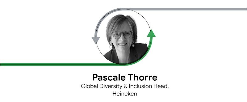 Retrato en blanco y negro de Pascale Thorre, responsable global de Diversidad e Inclusión en Heineken. Formando un círculo alrededor de la foto hay una flecha verde y una gris. Debajo aparecen su nombre y su cargo.