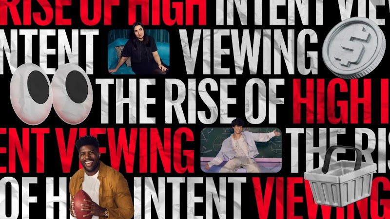The Rise of High Intent Viewing is repeated horizontally in alternating red and white text across four lines. Interspersed between words are coin, shopping basket, and eyeball icons and images of YouTube creators.