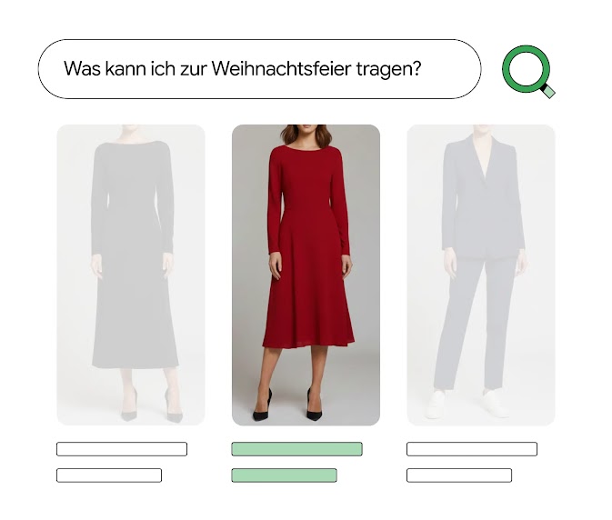 Grafik einer Google-Suchleiste mit der Frage „Was kann ich zur Weihnachtsfeier tragen?“. Darunter werden drei verschiedene Outfits vorgeschlagen, das rote Klein in der Mitte ist hervorgehoben.
