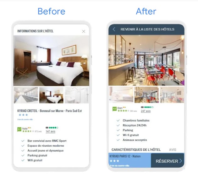 Phone screens showing before and after screenshots of the information page, with the ‘after’ shot showing clearer ‘back’ buttons at the top and a prominent ‘reservation’ button at the bottom.