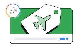 A graphic showing a white luggage tag with a green airplane icon and green circle, set against a green background. Below it is a representation of a search bar with blue buttons. In the top left is a multi-colored circular icon with sparkles.
