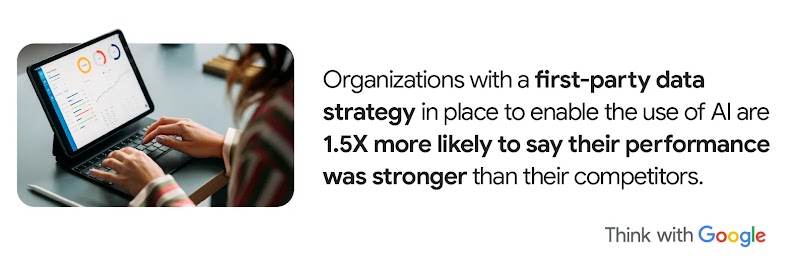 An analyst makes a chart on a laptop. Organizations with a first-party data strategy in place to enable the use of AI marketing tools are 1.5X more likely to say their performance was stronger than their competitors who lack such a strategy.
