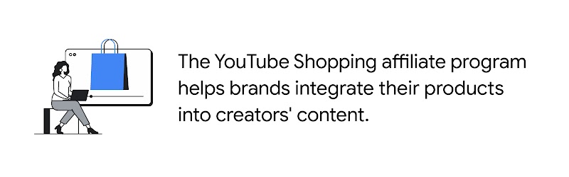 A lady with a laptop on her lap uses YouTube while a shopping bag appears on the screen, demonstrating how the YouTube Shopping affiliate program allows brands to partner with creators to integrate their products into their content.