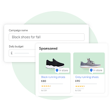 Two user interface modules: One demonstrating a user creating a name and budget for a new campaign in Performance Max and the other displaying the customer experience of seeing sponsored product listings on Google Search as a result of that campaign.