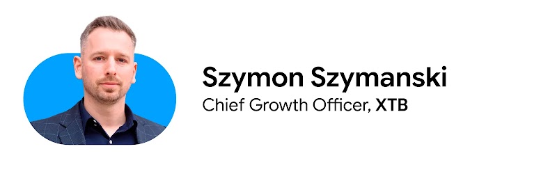Graphic featuring a headshot of Szymon Szymanski, Chief Growth Officer at XTB, framed against a bright blue oval shape on a white background. His name and title are displayed in black text to the right of his photo.