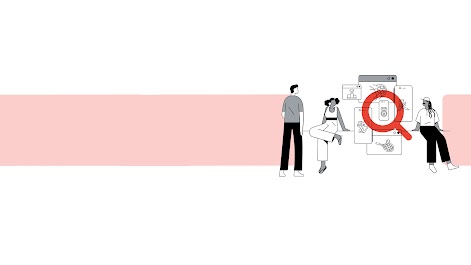 Telas em diferentes formatos com uma pessoa em trajes de judô, uma raquete e bola de tênis, uma ginasta artística, uma medalha, um troféu e uma bola de futebol na rede. Três pessoas assistem às telas, uma lupa vermelha se sobrepõe a tudo.