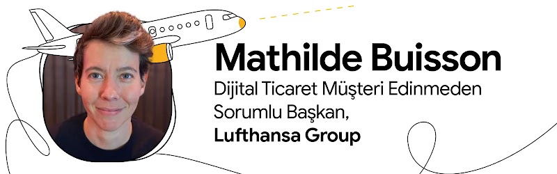 Lufthansa Group'ta Dijital Ticaret Müşteri Edinmeden Sorumlu Başkan olan Mathilde Buisson ve bir uçak çizimi